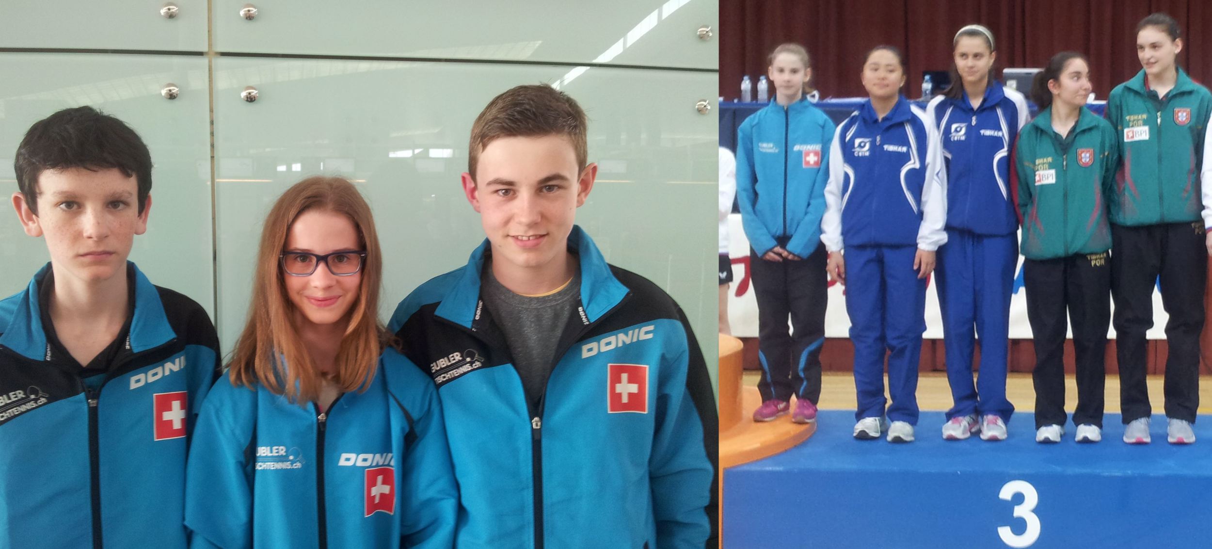 Links: Nicolas Simonet, Camille Linke, Dimitri Brunner; Rechts: Camille Linke mit ihren brasilianischen Teamkolleginnen auf dem Podest