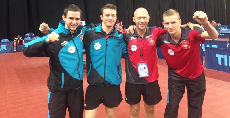 Das Herrenteam; von links: Lionel Weber, Elia Schmid, Samir Mulabdic (Coach), Nicolas Champod
