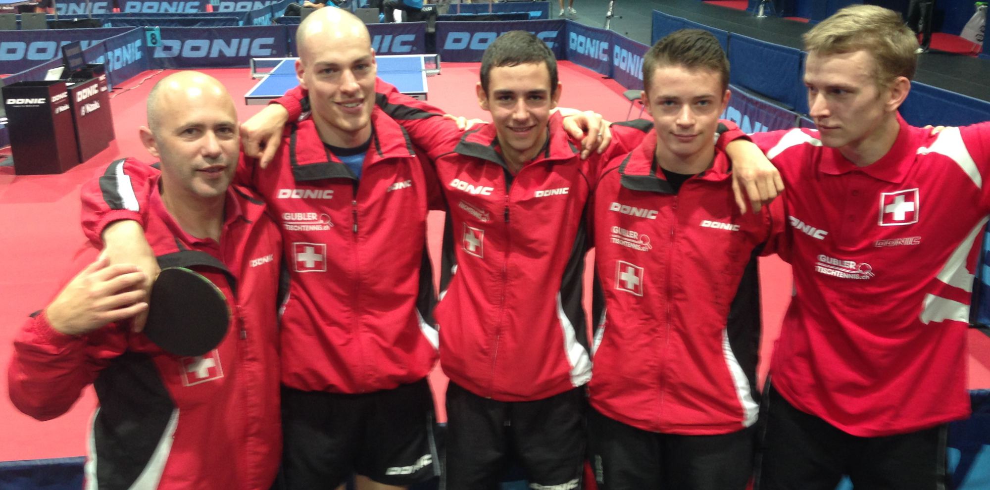 Die Aufsteiger in die 2. Division 2013; von links: Samir Mulabdic (Coach), Nicola Mohler, Lionel Weber, Elia Schmid, Nicolas Champod